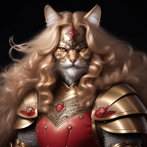 AI generated: red land crab anthropomorphic old cat warrier (long haired, wind, epic fur, gold and diamond armour)...