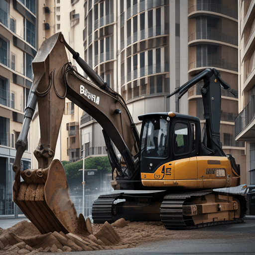 AI generated: Big excavator realistic excavating parking in Bilbao guy saying hello at the back With cinematic lig...