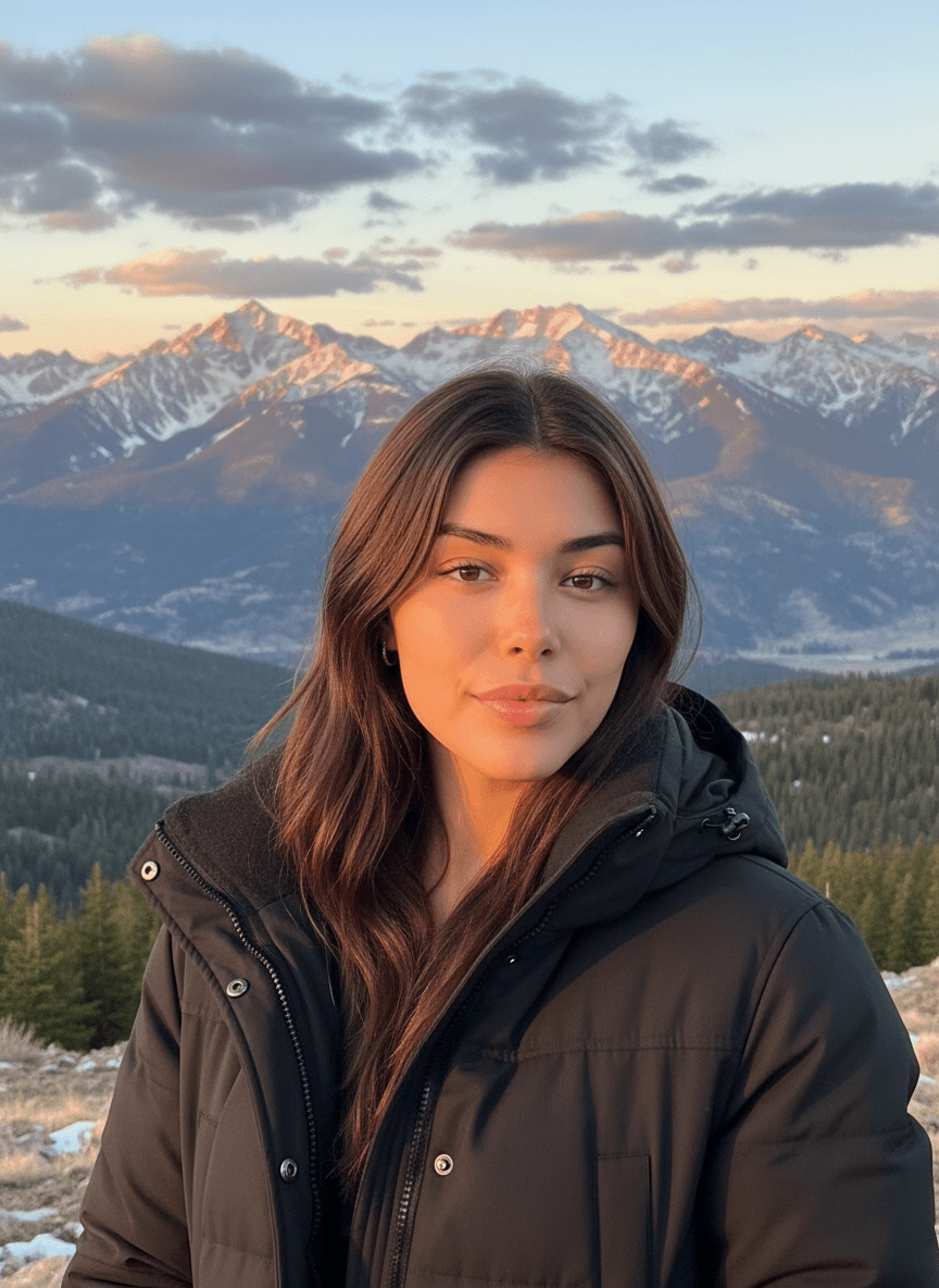 AI generated: change de scenario, put her a black coat on the mountains