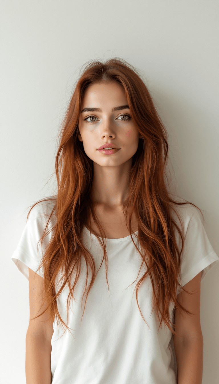 AI generated: A simple figure with long, dark auburn hair, that is unadorned. Her eyes are piercing, and kind. She...