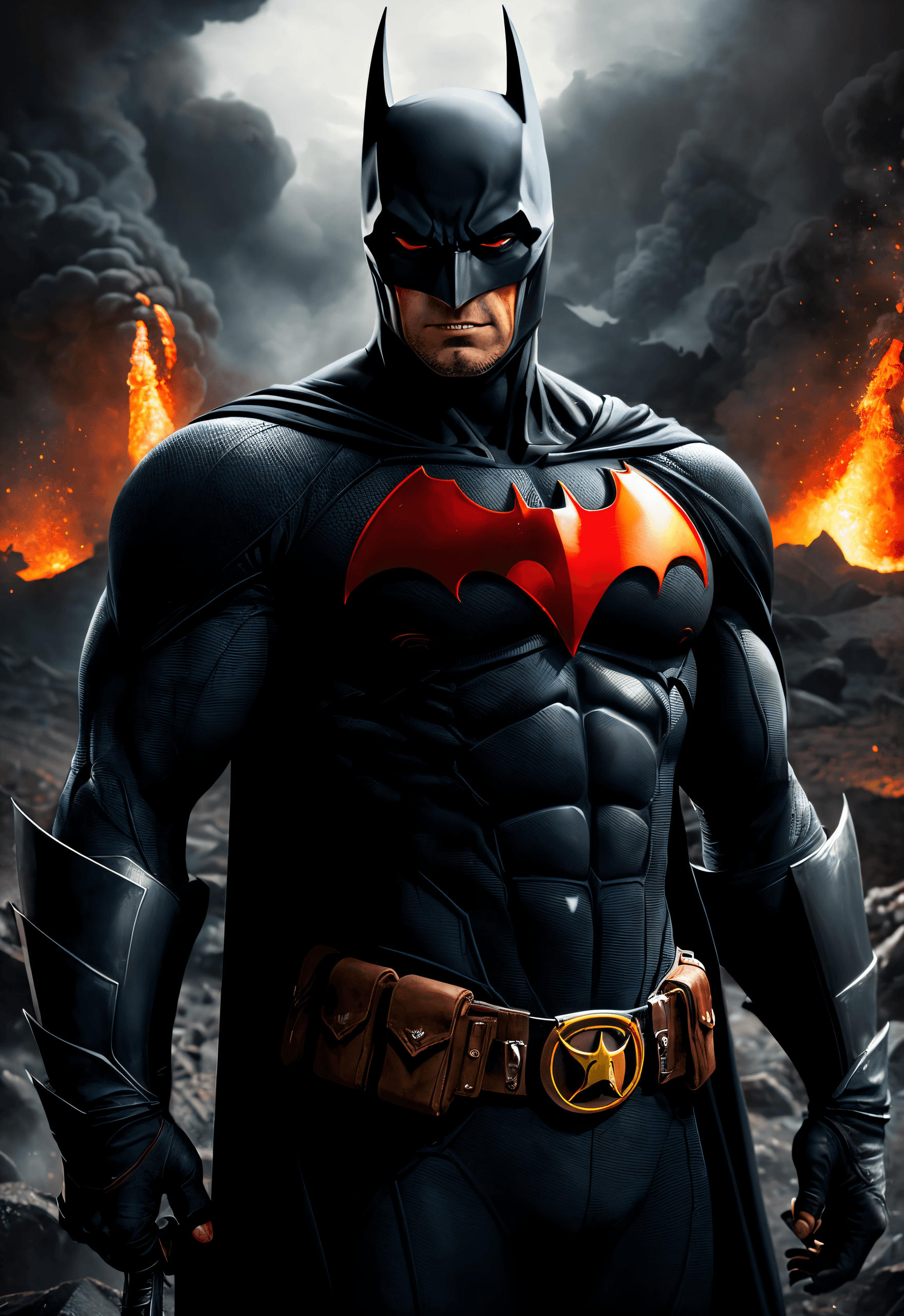 AI generated: (Masterpiece, Award winning, Highest Quality:1. 2), batman as a (vampire:1.2), red eyes, scary, brut...