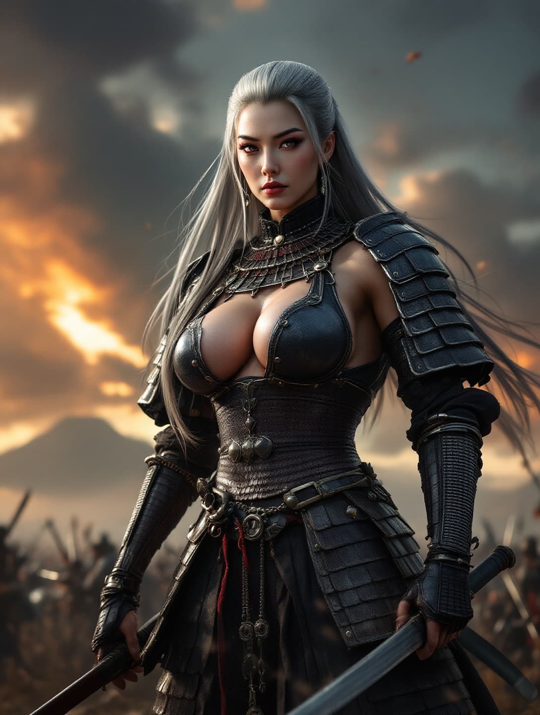 AI generated: elder grandmother in samurai armor, background is the battle of sekigahara in 1600