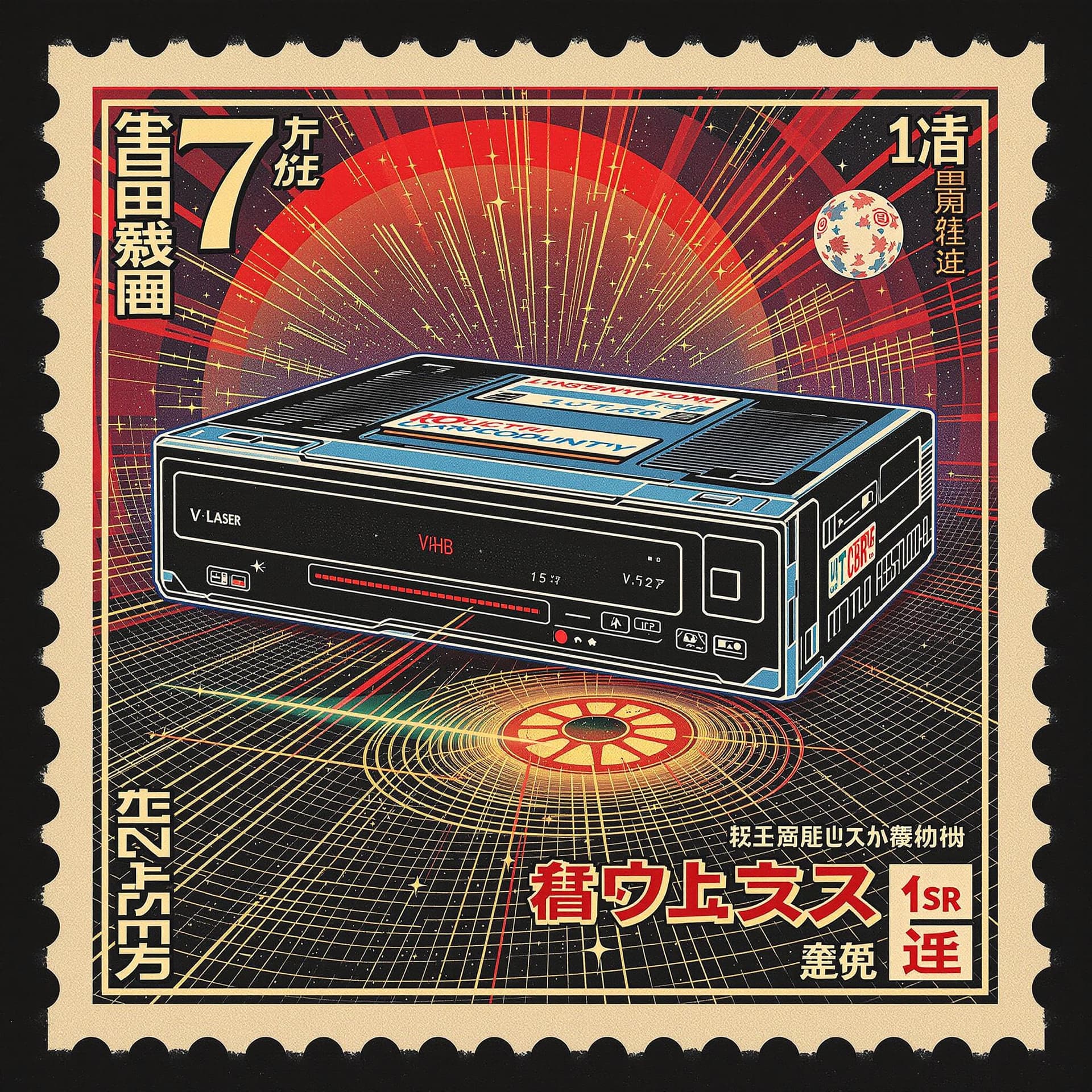 AI generated: stamp style, retro VCR player for mystical future laser solid state hard drive hardware, quantum com...