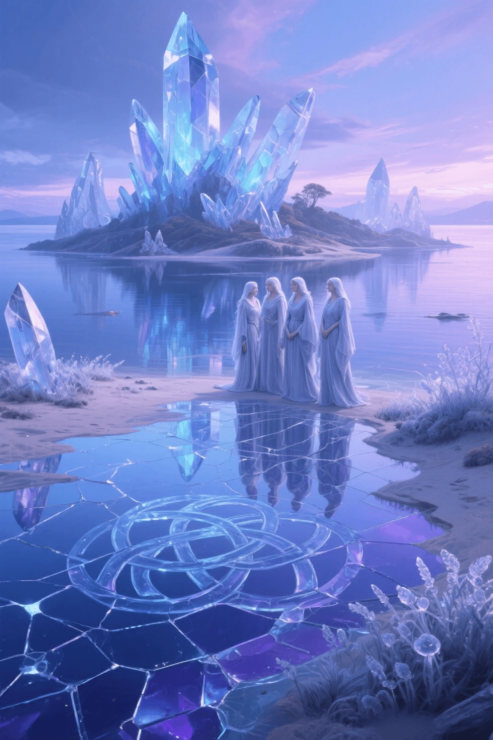 AI generated: "A mystical island made entirely of translucent glass, glowing under a twilight sky. The terrain is ...