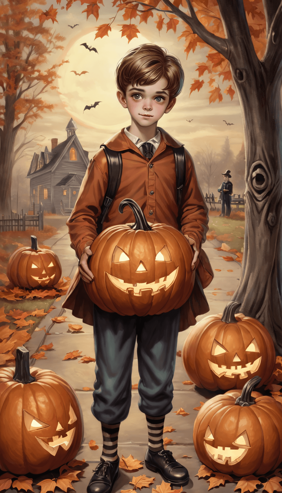 AI generated: Creepy vintage Halloween A teenage Boy,. Jack-o-lanterns, trick or treaters, creepy costumes, fall l...