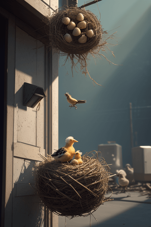 AI generated: A bird nest. bird feeds the chicks and a human baby is among chicks asking for food, cinematic , cor...