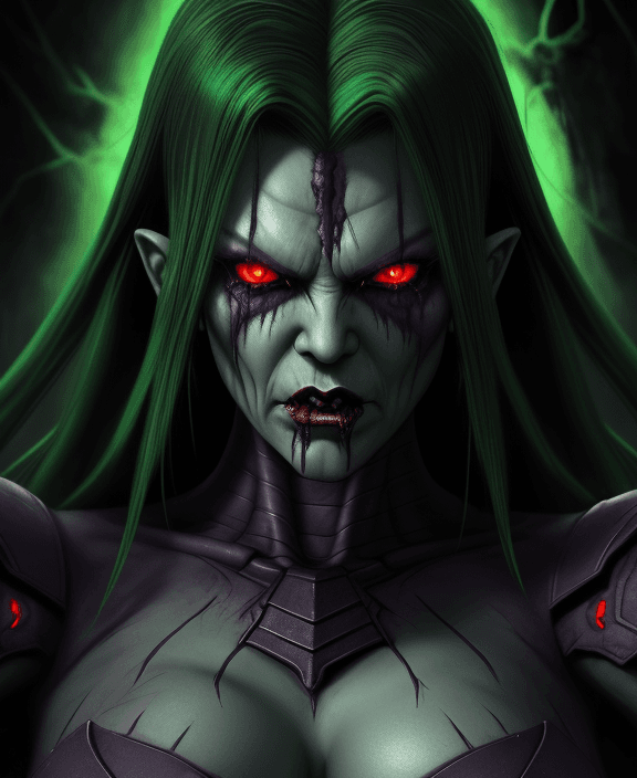 AI generated: Scary ancient Thanos Female superior ancient Strigoi vampire, green hair and red eyes,horror, ultra-...