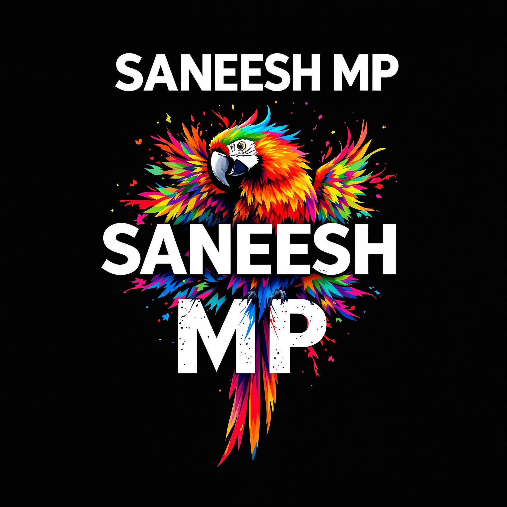 AI generated: A vibrant and bold design featuring the phrase 'SANEESH MP' in a striking white, uppercase, bold fon...
