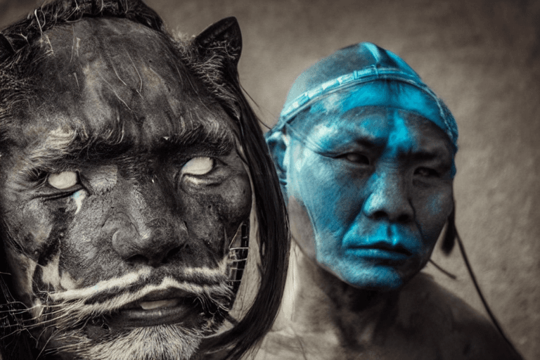 AI generated: portrait photo  of a asia old warrior chief,  tribal panther make up, blue on green, side profile, l...