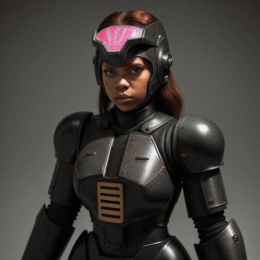 AI generated: A female wearing black power armor with maroon highlights