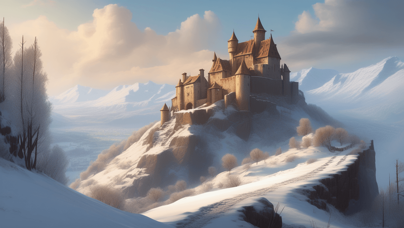 AI generated: a castle sitting on top of a snow covered mountain, inspired by Raphael Lacoste, medieval village on...
