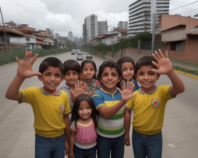 AI generated: realistic image of 7 latino children smiling and waving in a colombian urban landscape