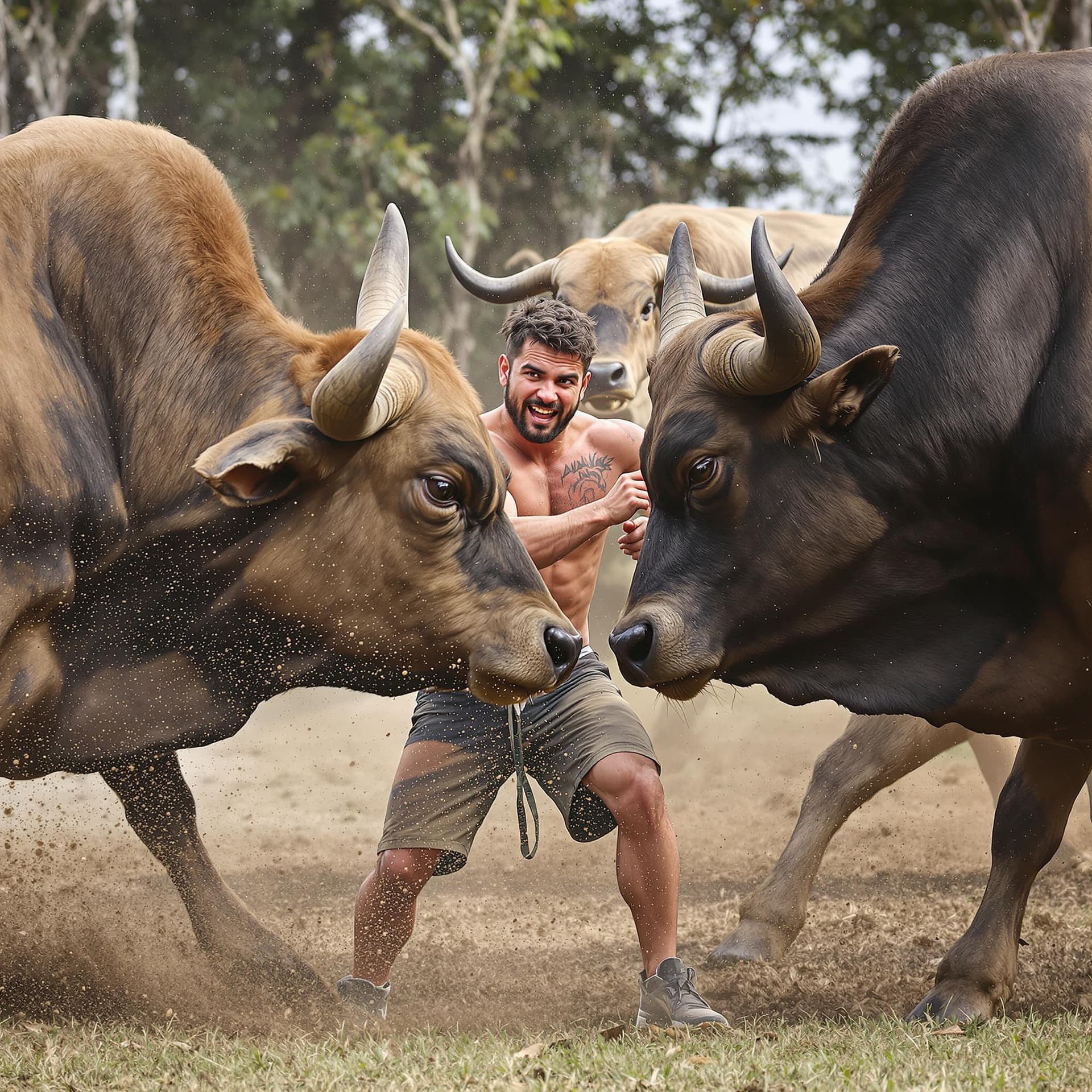 AI generated: In the photo, a man can barely cope with aggressive bulls and looks at the camera



