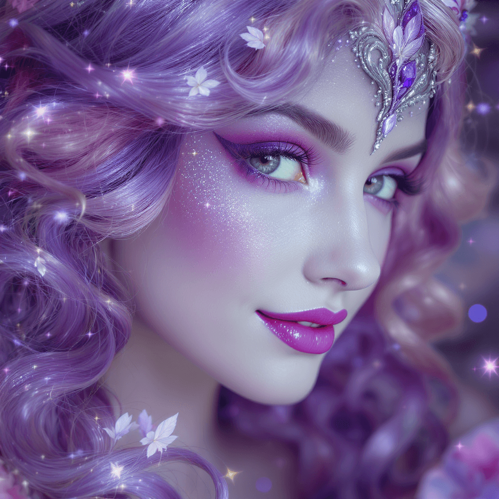 AI generated: A whimsical close-up portrait of a woman's face with shimmering violet and silver swirls adorning he...