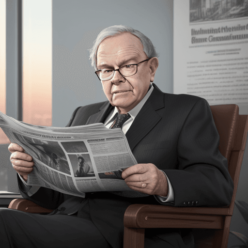 AI generated: Photo of a realistic investor warren buffet reading a newspaper in , with a headline title :Investim...