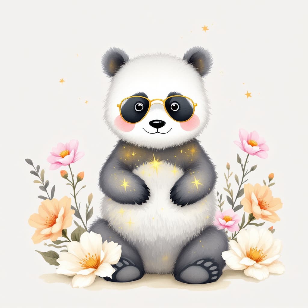 AI generated: Beautiful watercolor and pastel-colored illustration featuring fashion grey and GOLD Panda with happ...