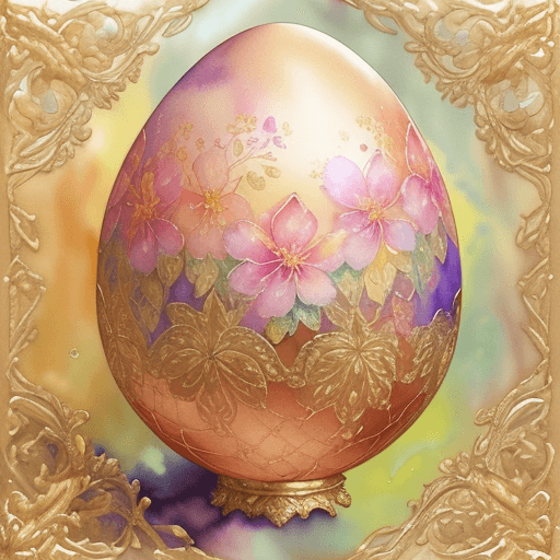 AI generated: Magic egg made of gold, plant patterns, floral patterns, close up, old photo, glares, high detail, s...
