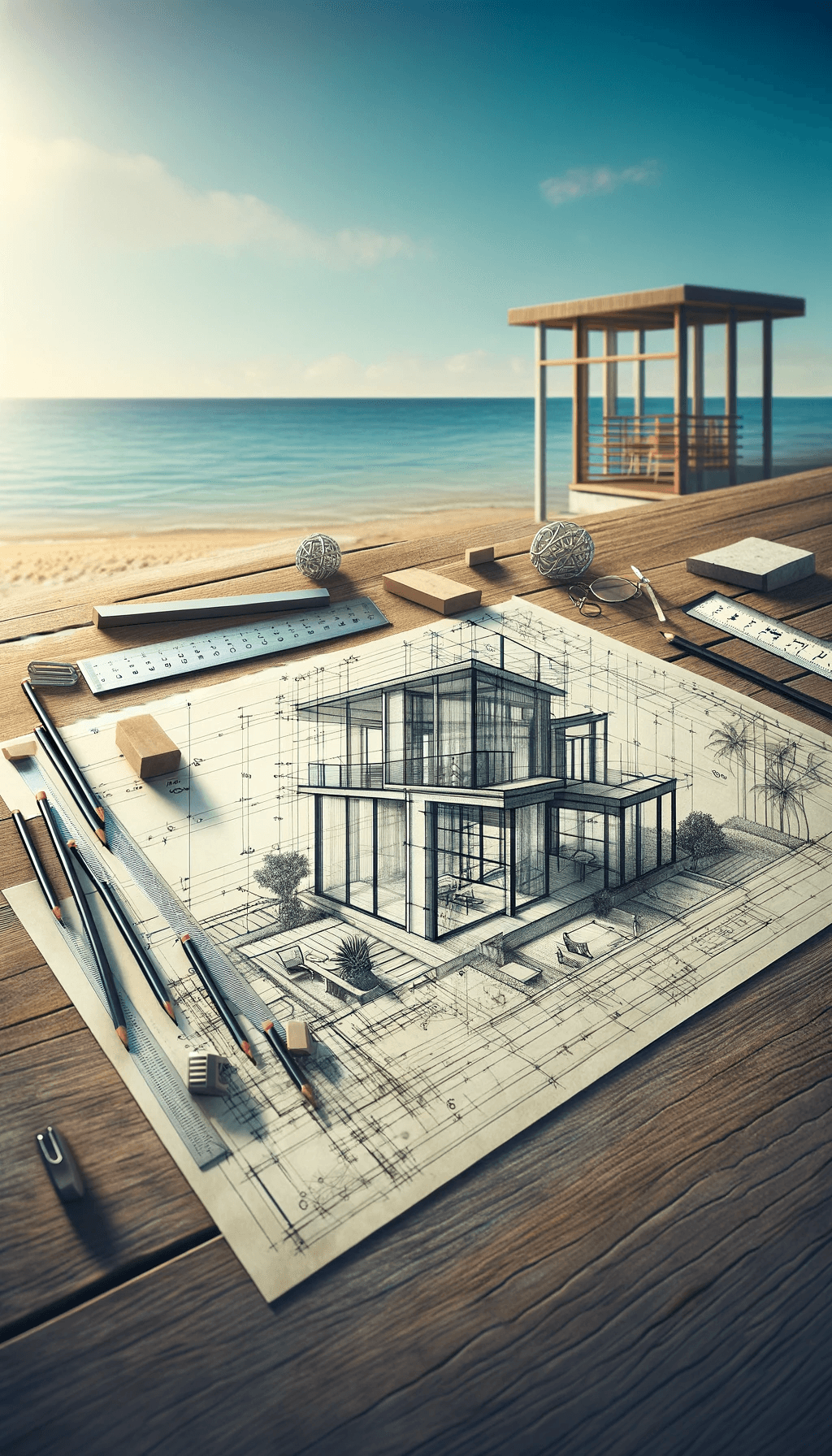AI generated: A tall image depicting a hand-drawn architectural plan of a modern glass house, meticulously sketche...