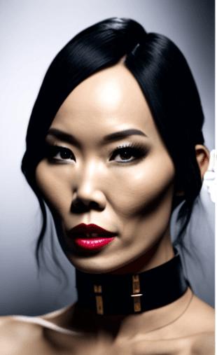 AI generated: Close up view of beautiful, seductive, dominant Asian woman with a collar. 