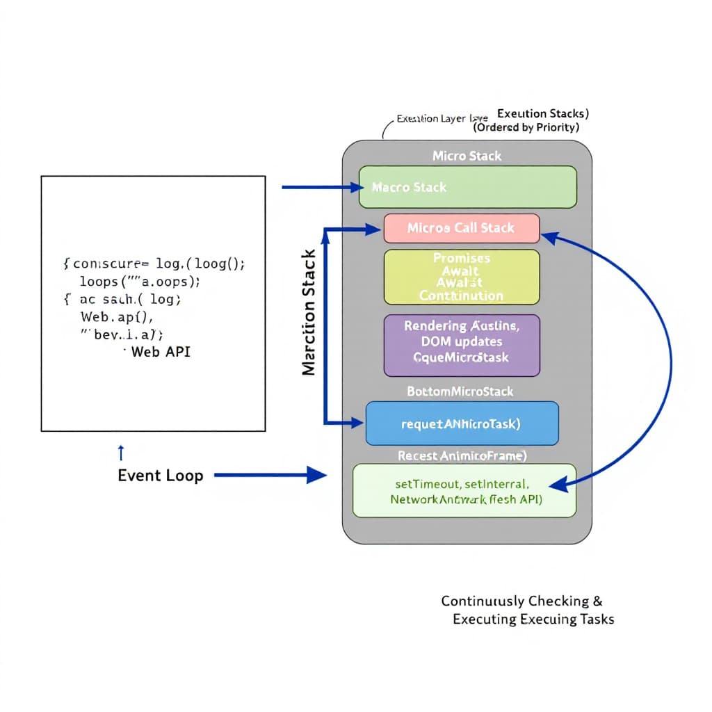 AI generated: An educational diagram illustrating the execution layers of the JavaScript engine.

Layout Details:
...