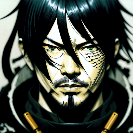 AI generated: portrait of black hair man, pen and ink, intricate line drawings of , style by Tsutomu Nihei, yoji s...