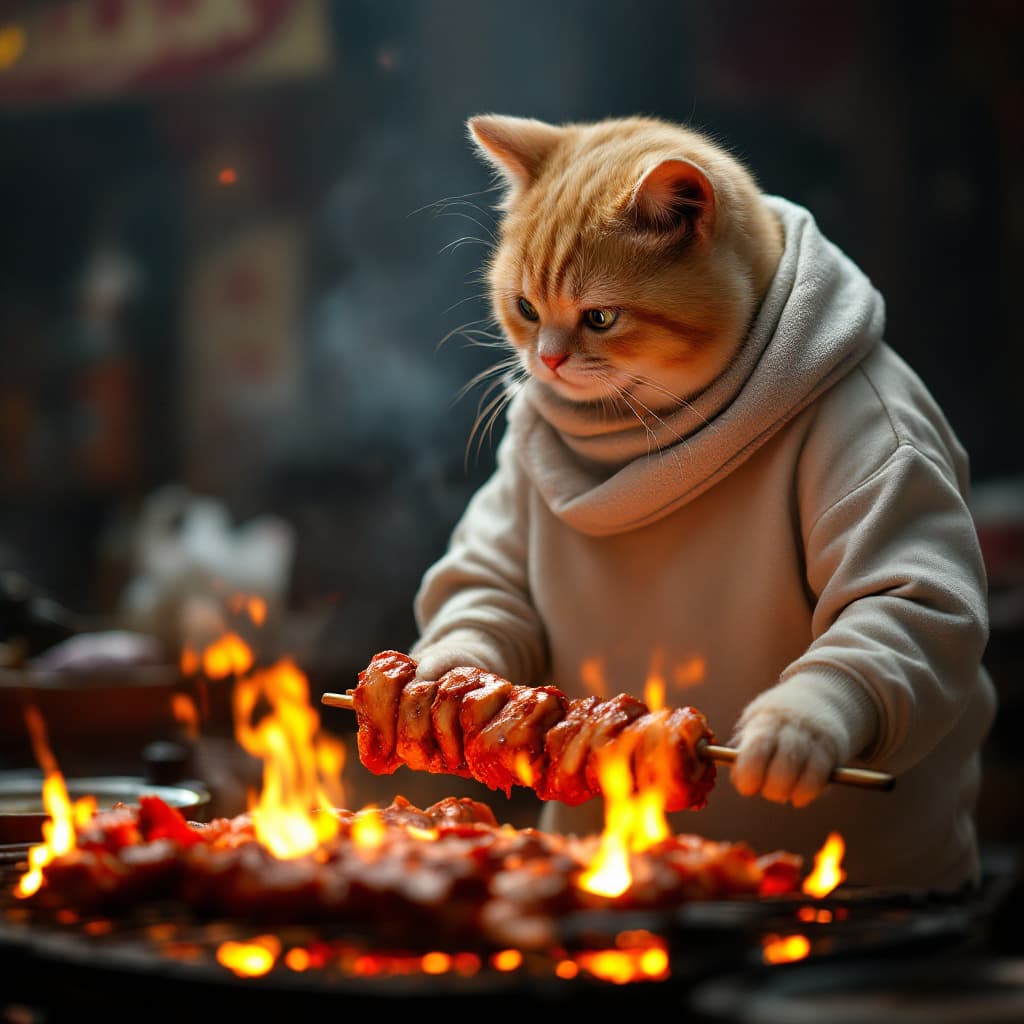 AI generated:  Dramatic photo, panorama, full body, anthropomorphic real cute creamy cat, wearing old white sweats...