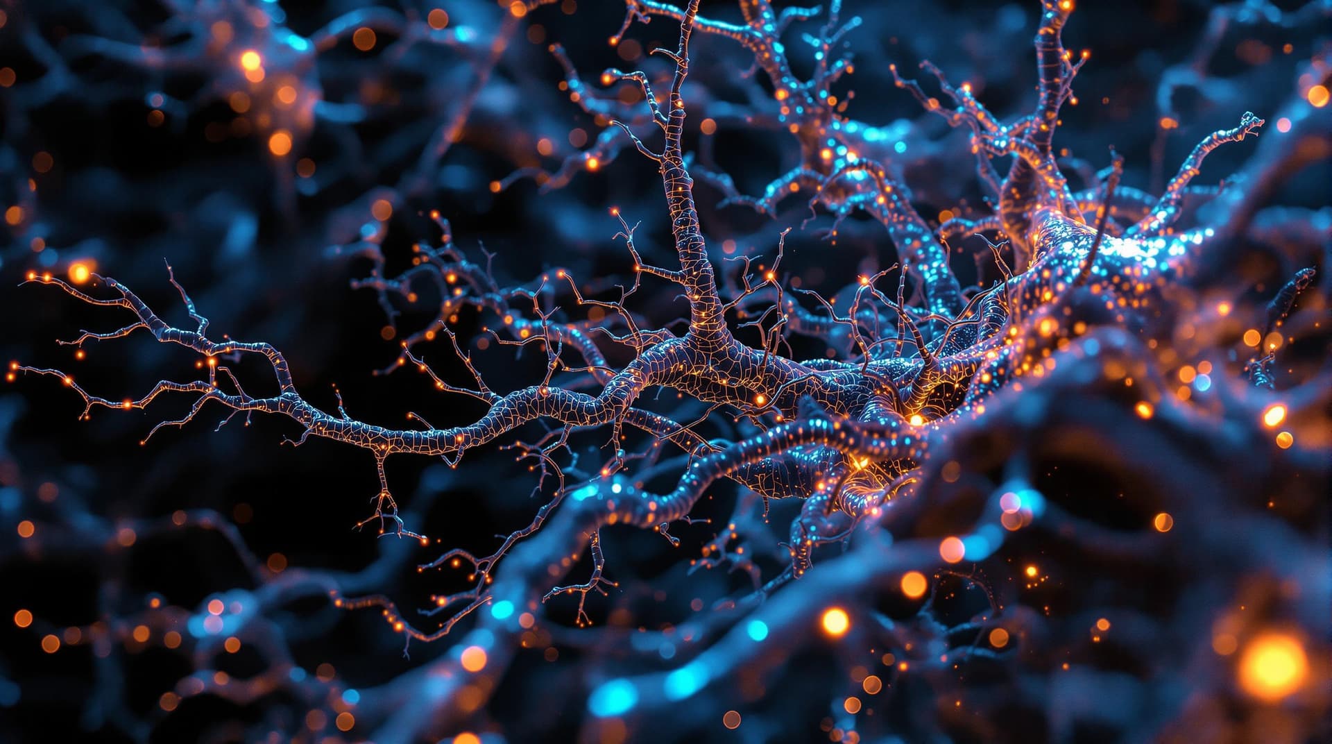 AI generated: Intertwined Neurons, complexity, iridescent fractal patterns, dark negative, reflections, volumetric...