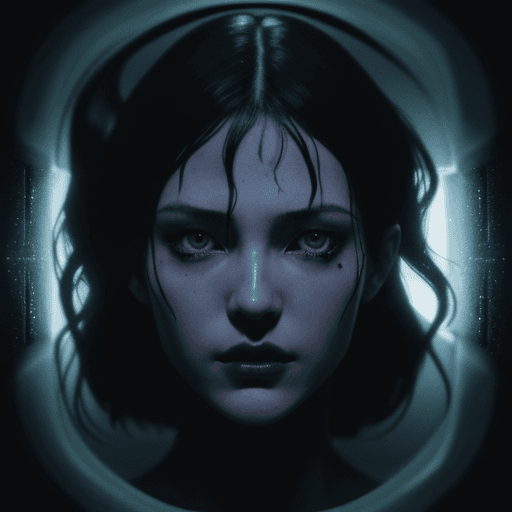 AI generated: frank miller illustration, dark anime, Arcane, bladerunner, villain frontal facial close up uplit fr...