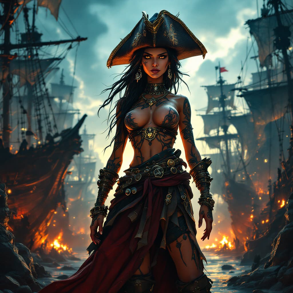 AI generated:  animation, cartoon, Full body view A commanding Native Caribbean pirate captain stands tall amidst ...