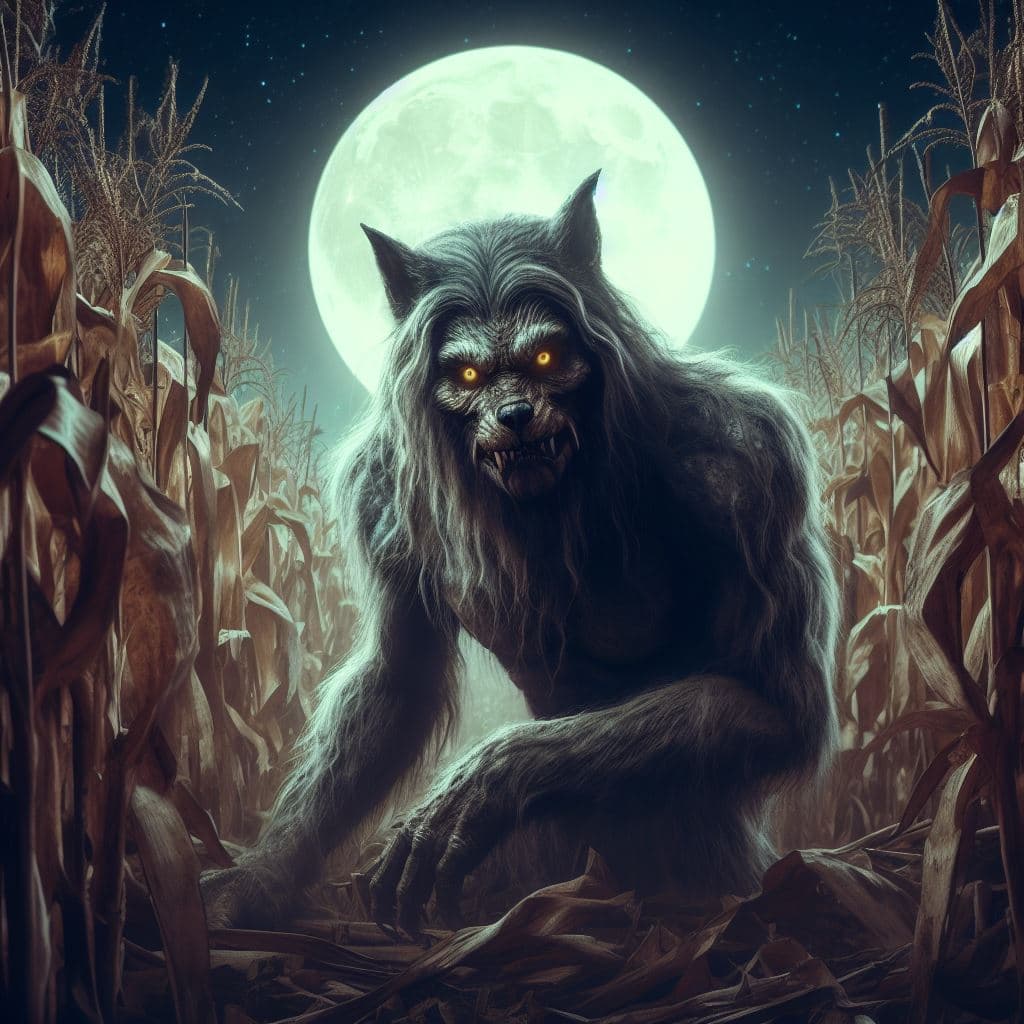 AI generated: wendigo, looking for prey, in a cornfield, full moon, very detailed, photorealistic, greg rutkowski,...