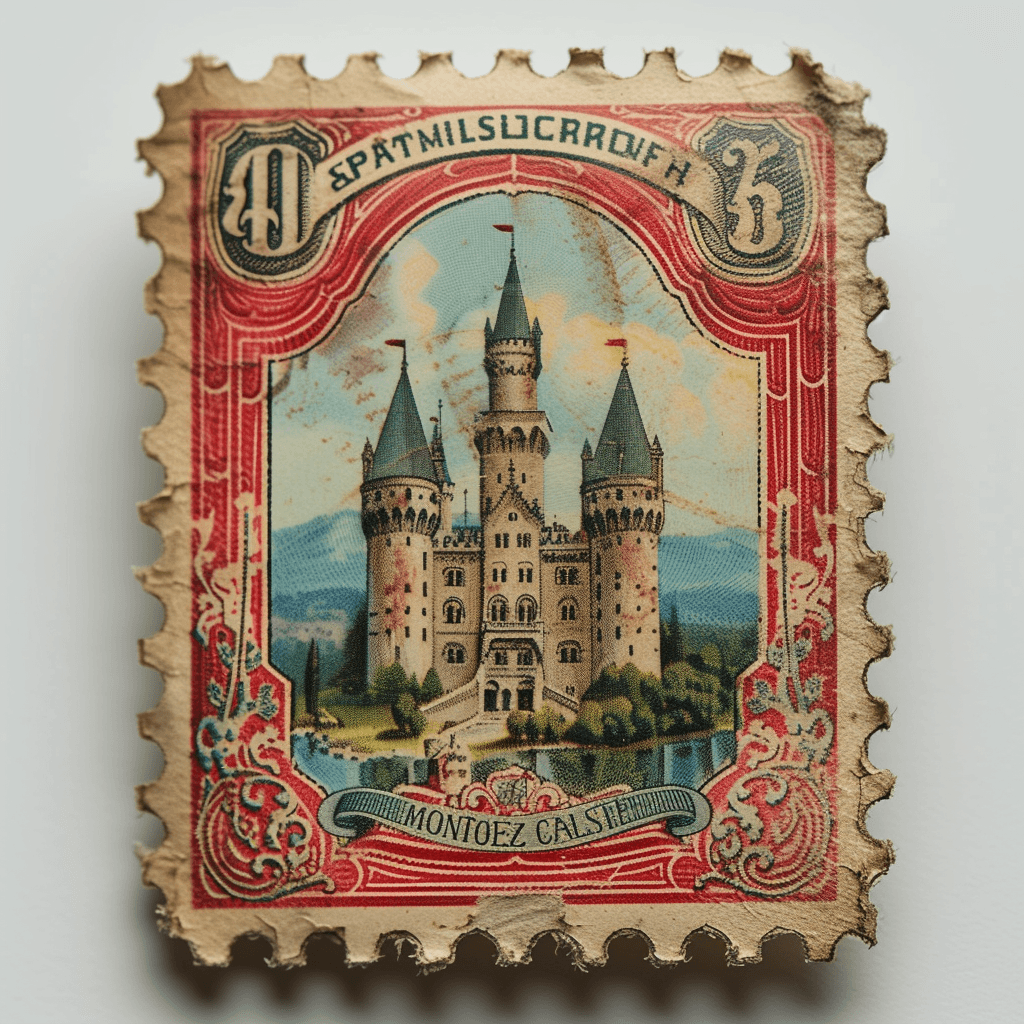 AI generated: vintage postage stamp, castle, white background, 4k, ultra-realistic, tasteful use of color --styliz...