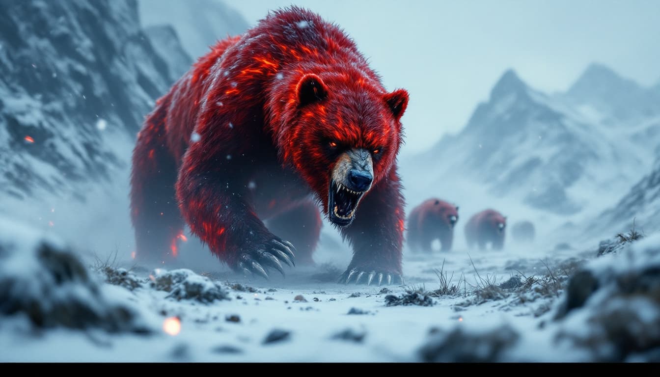 AI generated: A red bear, with sharp claws and flaming fur. In the background, they watch silently, and the roars ...