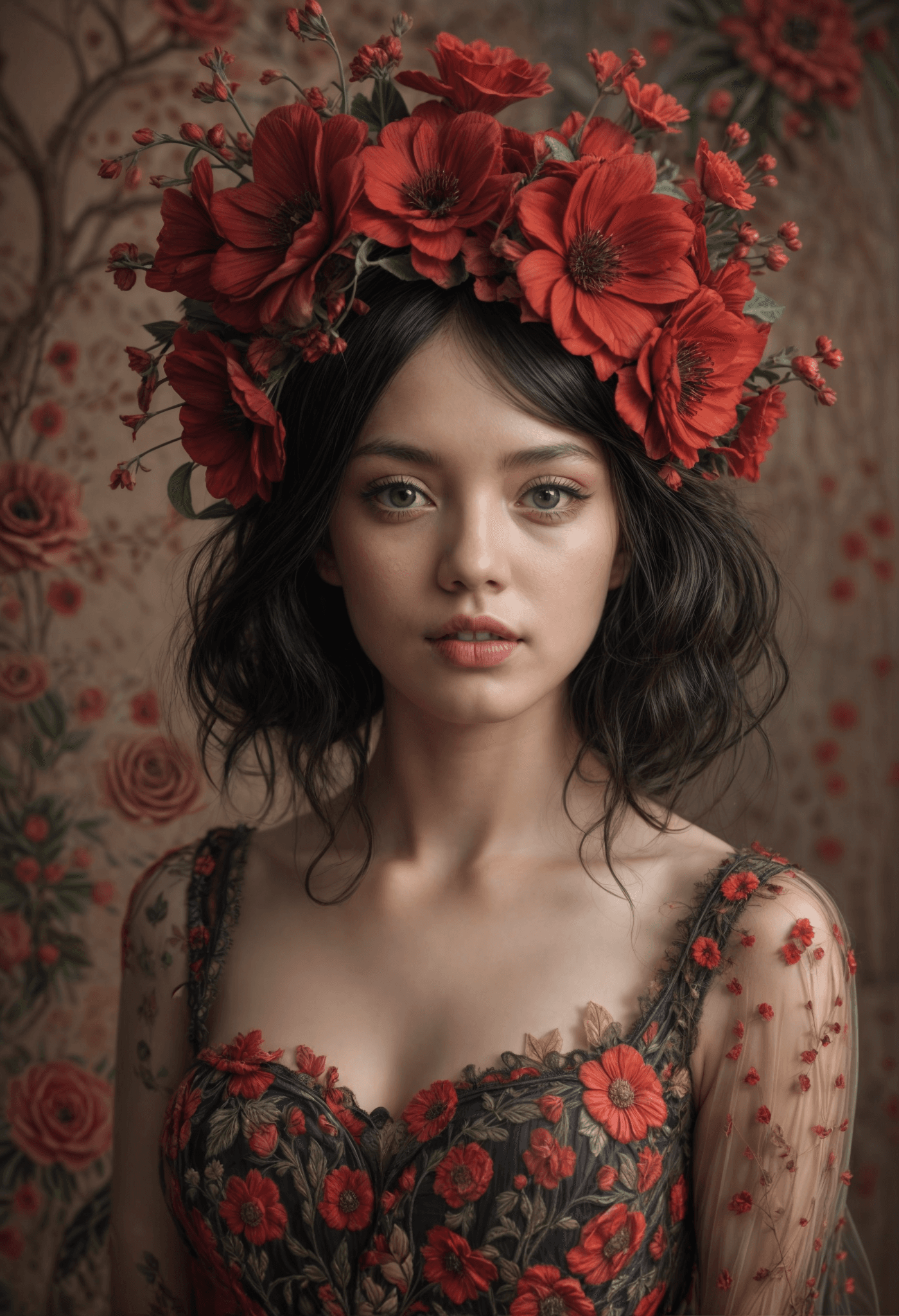 AI generated: Porcelain woman with black hair, red flowers on her head, red lipstick, big, round and bright eyes, ...