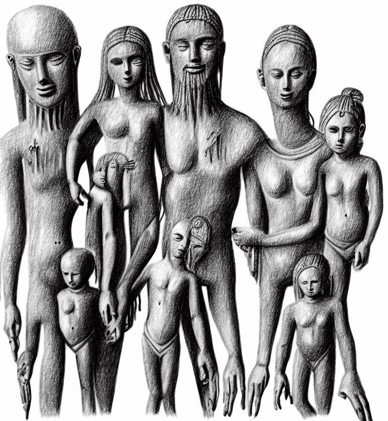 AI generated: Ancient family, pencil drawing, very badly designed, drawing made by a madman, iconcluente design, v...