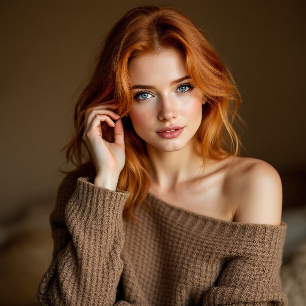 AI generated: A woman with ginger hair, wearing an off-shoulder oversized brown knit sweater. She gazes softly tow...