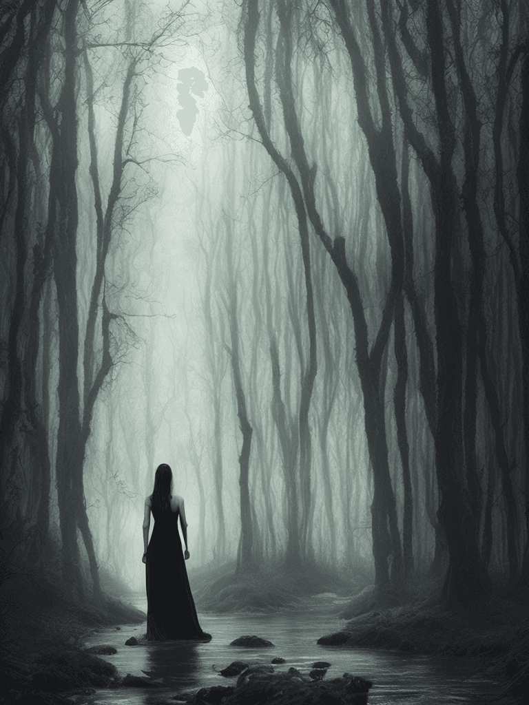 AI generated: enchanted forest, dark, moody, mystical, woman, walking through a stream, long dress