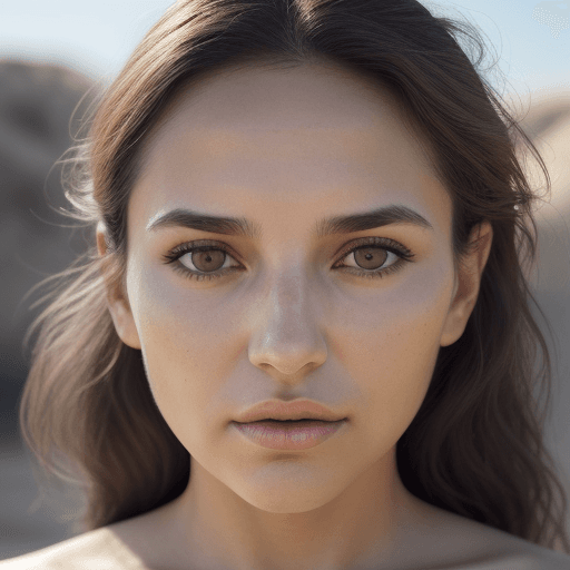 AI generated: the face of a woman with brown eyes the face of a person, in the style of yigal ozeri, light navy an...