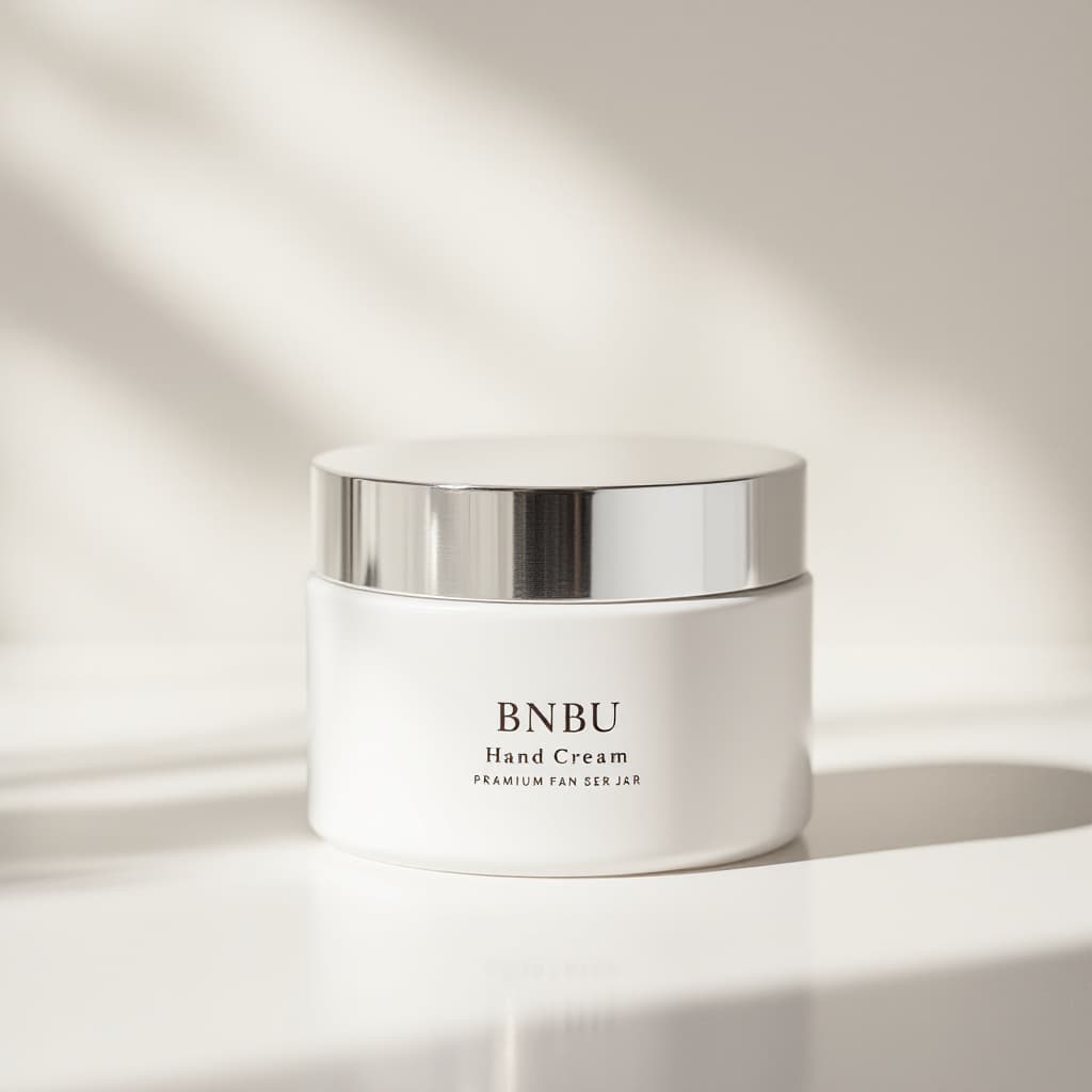 AI generated: A sleek and modern hand cream jar with a minimalist design. The container is white with a smooth, ma...