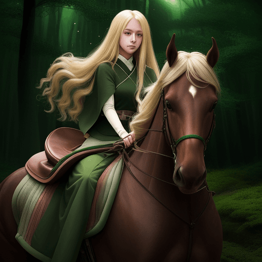 AI generated: Woman with long wave blonde hair on dark brown horse in green clothes with saddle and green blanket ...