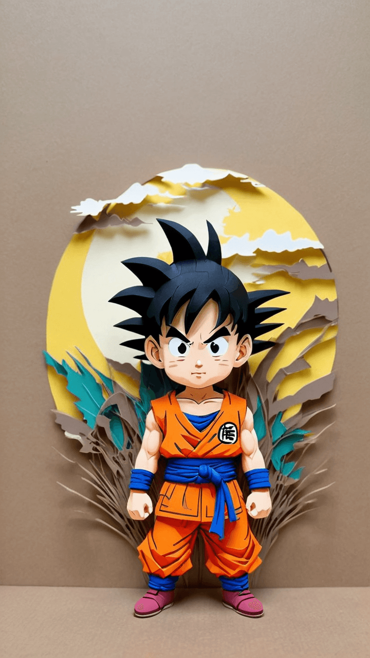 AI generated: <lora:papercut:1> kid goku, papercut style, colourfull, post apocalyptic