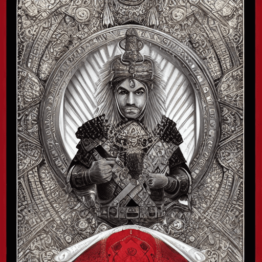 AI generated: Tarot card, symmetry, portrait of a demigod, Portrait of a Tipu Sultan holding two giant swords, in ...