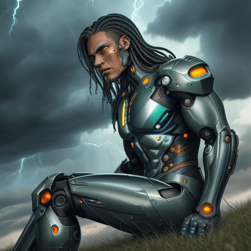 AI generated: Cyborg with body covering partly metallic and leathery with holes. Cyborg sits on a surface framed w...