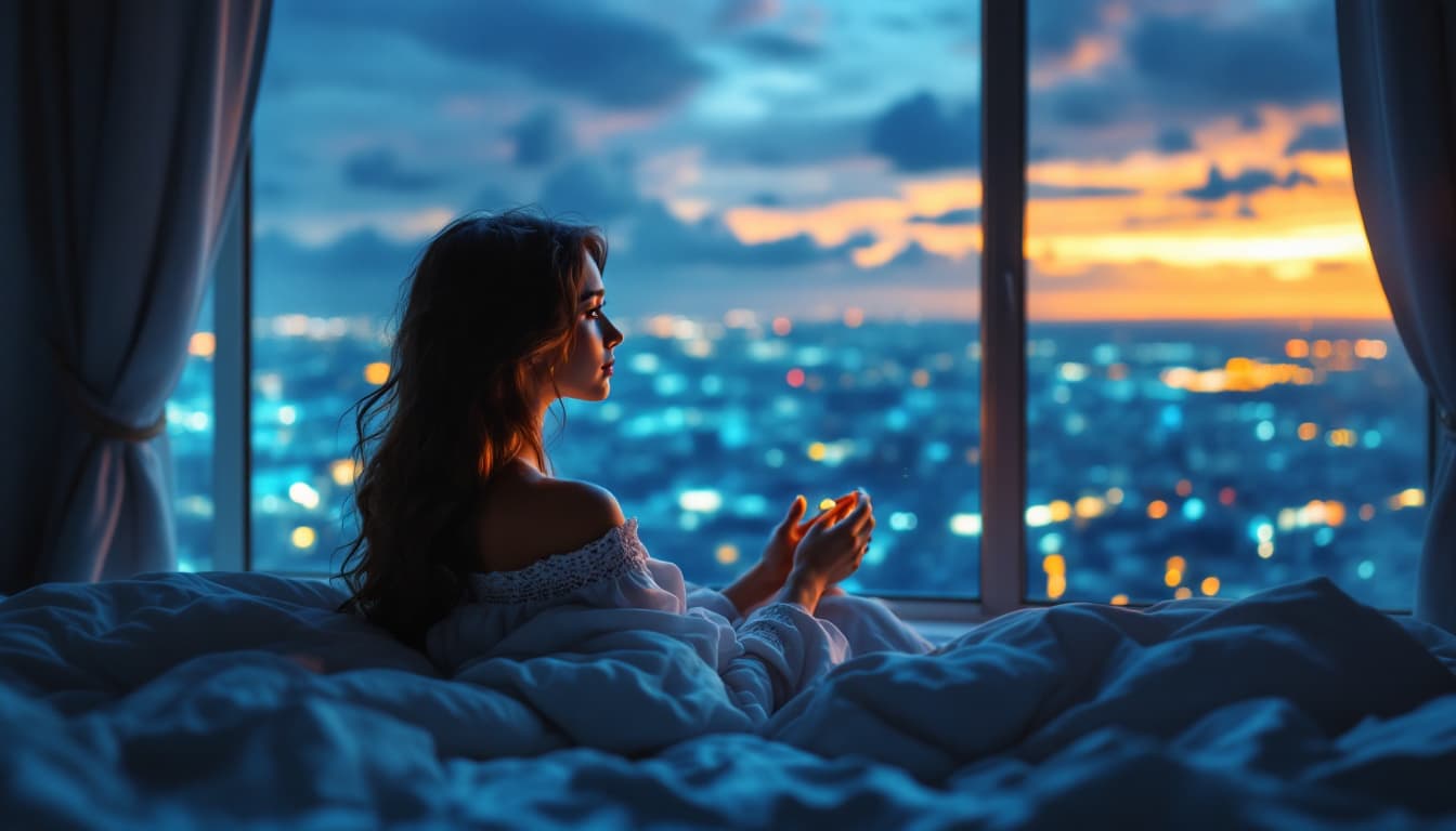 AI generated: young lady far view, blue eyes, far view, relaxing on bed, minimum lights, 