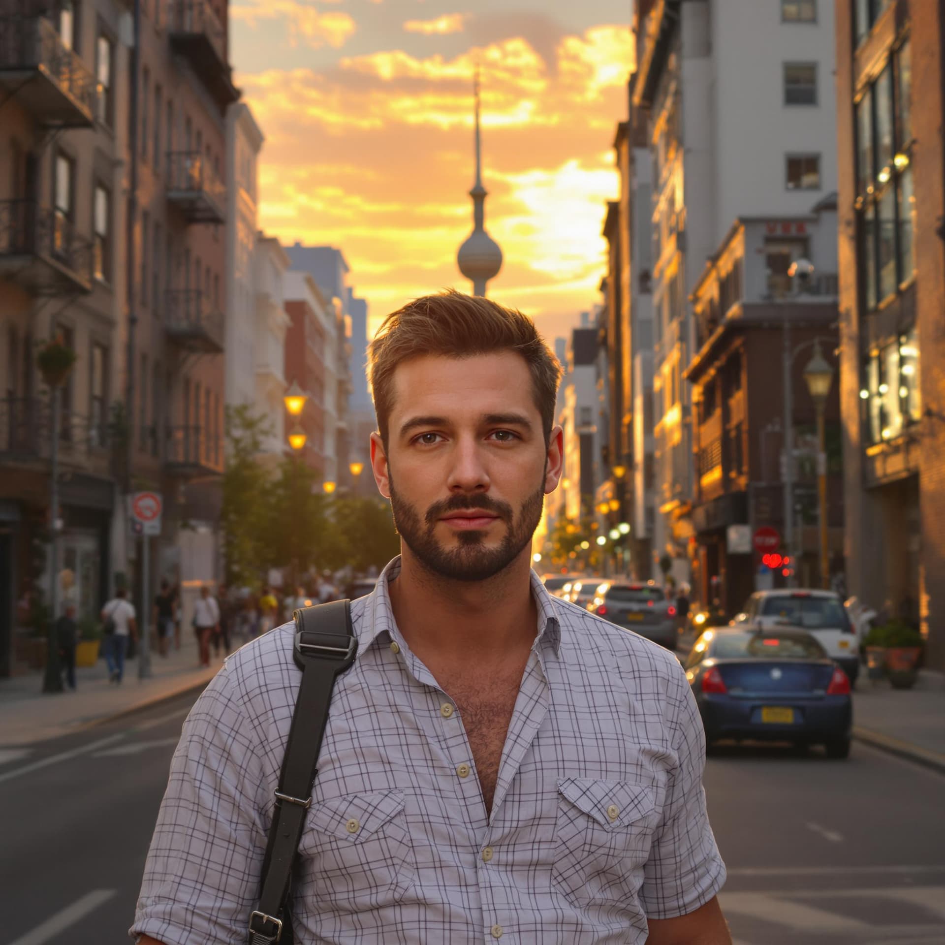 AI generated: hyper realism, high detail, octane render, 8k , some guy with casual dress standing on the new york ...