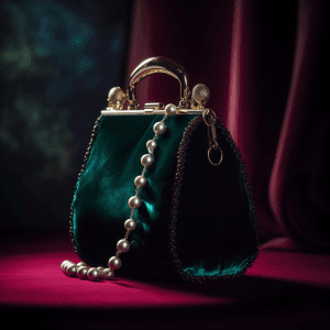 AI generated: most luxurious velvet women's handbag made with velvet and gold trim, burgundy + emerald + navy colo...