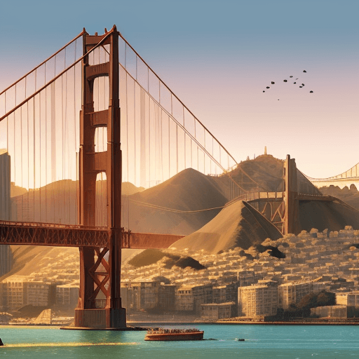 AI generated: A Pixar-style illustration of San Francisco city on a serene summar morning. Set the iconic San Fran...