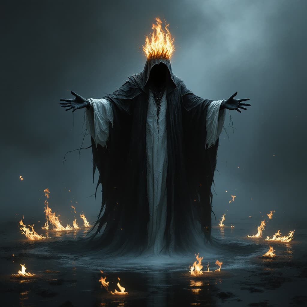 AI generated: full body photograph of an ethereal white and black mysterious devilish figure with crown made of fi...