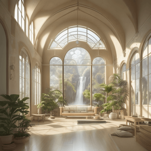 AI generated: High resolution photography interior design, dreamy yoga studio, biophilia, arch windows, water, 
tr...