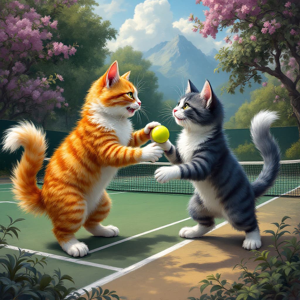 AI generated: "two cats playing tennis with each other on a proper tennis court, fantasy art, highly detailed, vib...