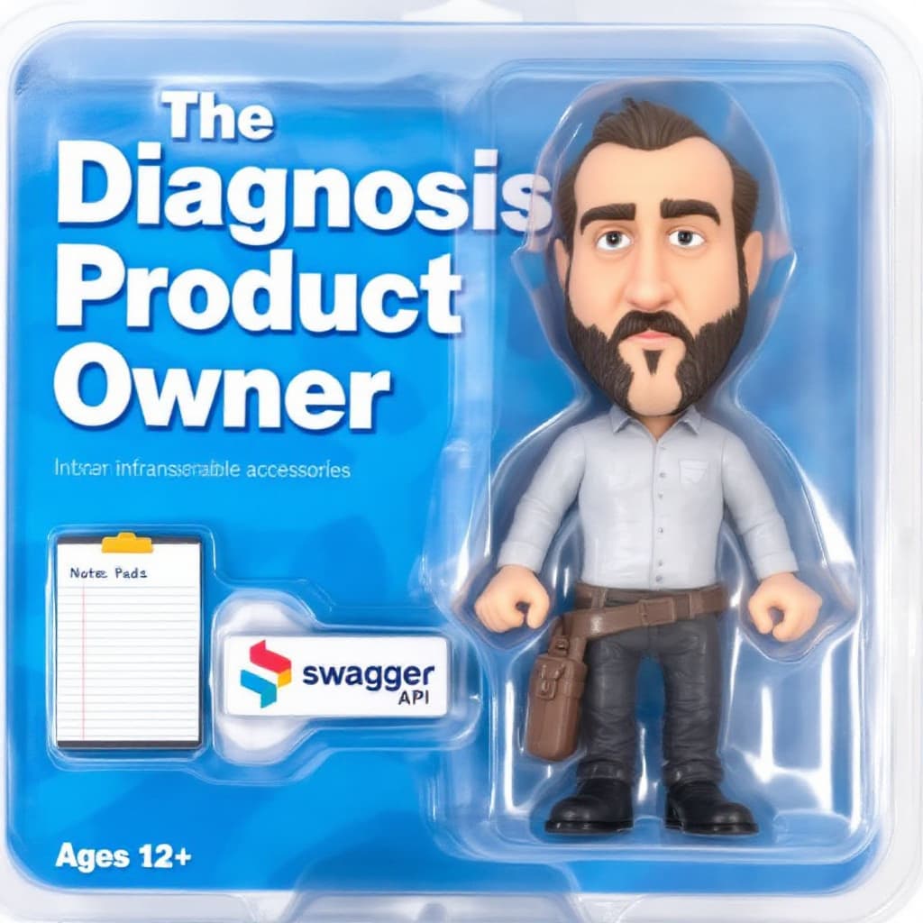 AI generated: A stylized collectible action figure in a toy package labeled "Diagnosis Product Owner" for ages 12+...